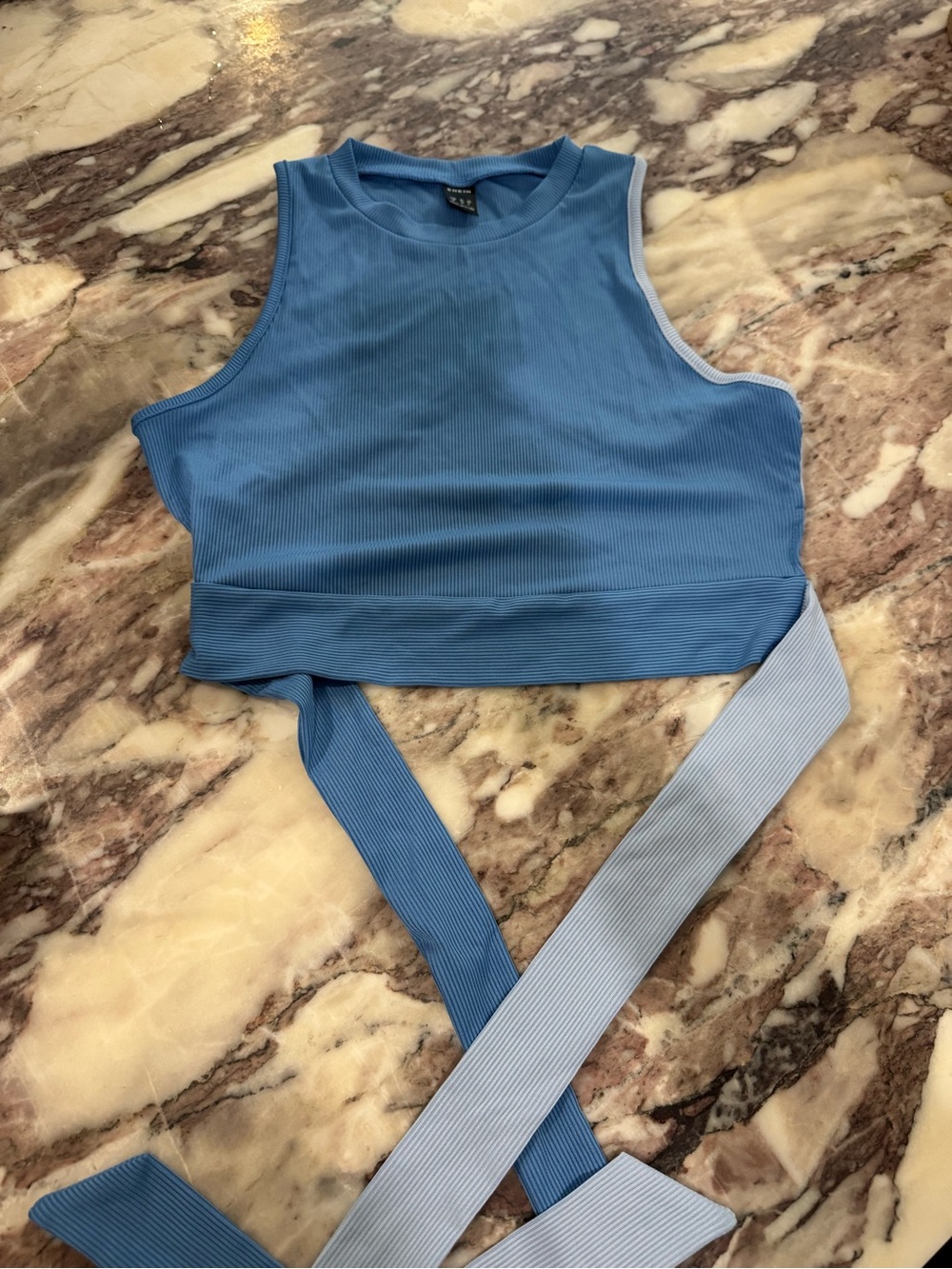 SHEIN Blue Ribbed Crop Tank with Long Wrap Ties